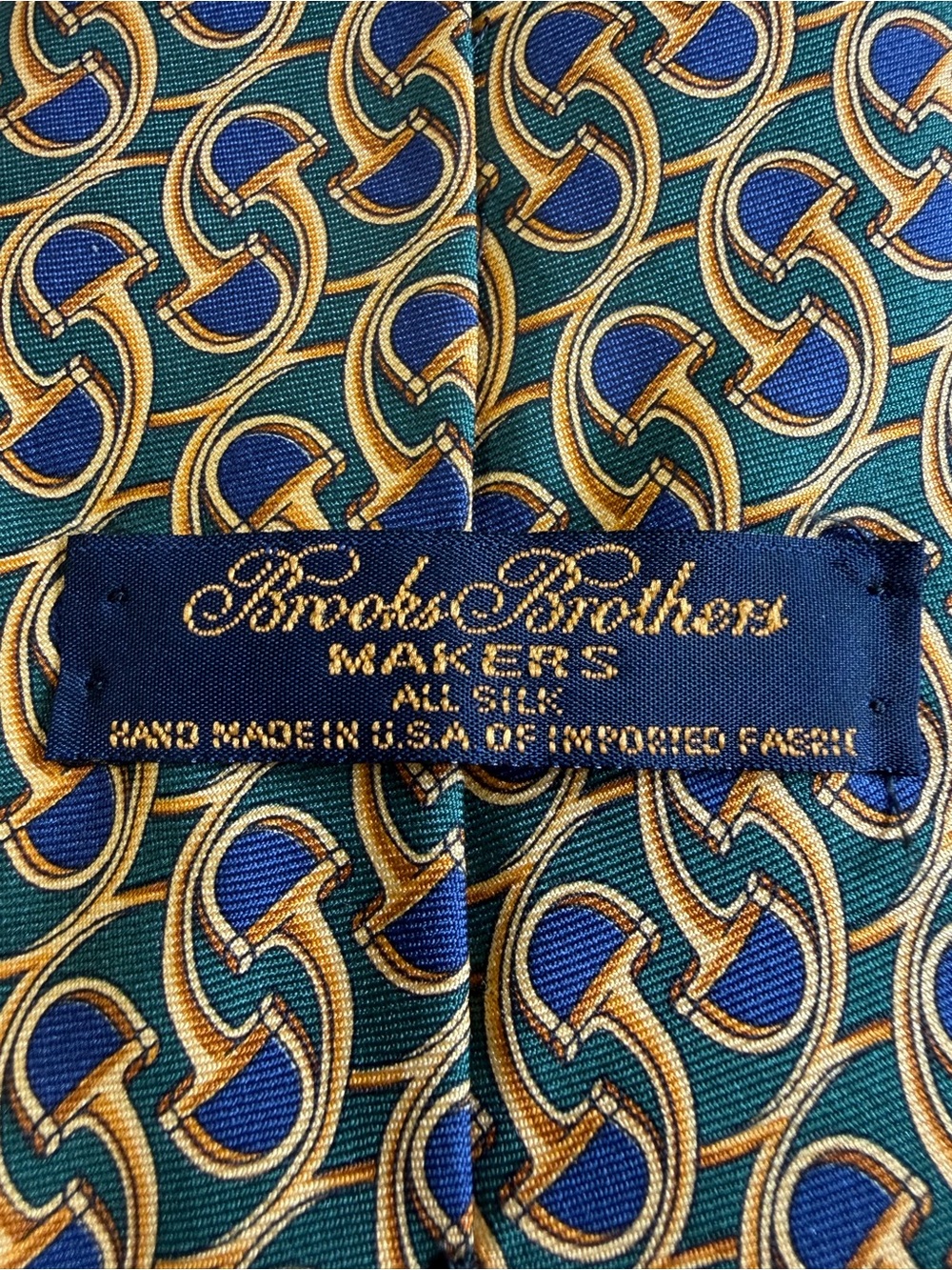 Brooks Brothers Silk Tie in Navy, Gold, & Green Equestrian Stirrup Pattern